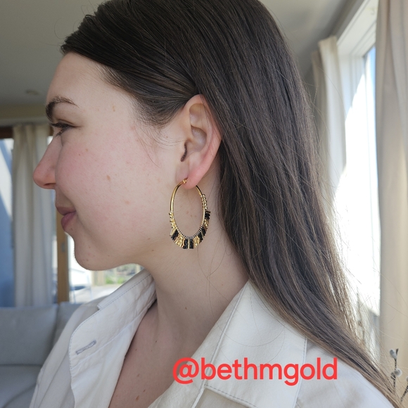 Beaded Hoop Earrings Black & Gold Miyuki Rice Beads - Picture 7 of 11